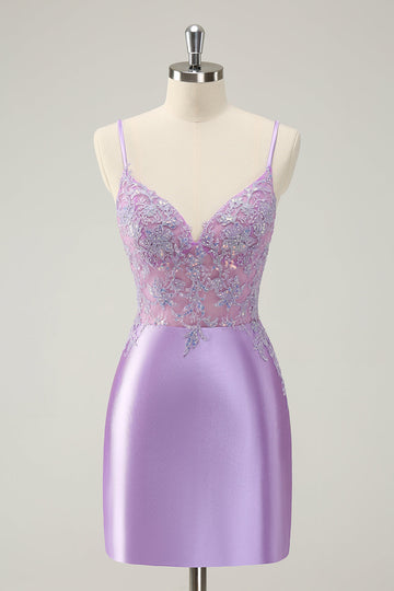 Sparkly Bodycon Lilac Spaghetti stropper Homecoming kjole med paljetter